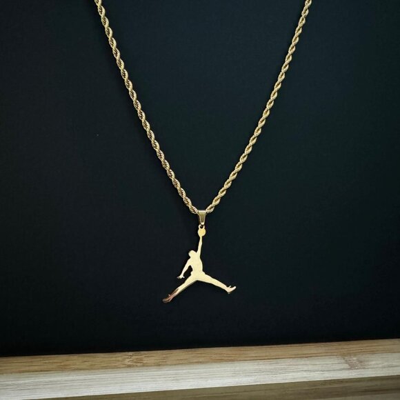 Jordan Jumpman Pendant Necklace - MJ - Gold Plated - 3mm Rope 20" Gold Chain - Picture 1 of 3